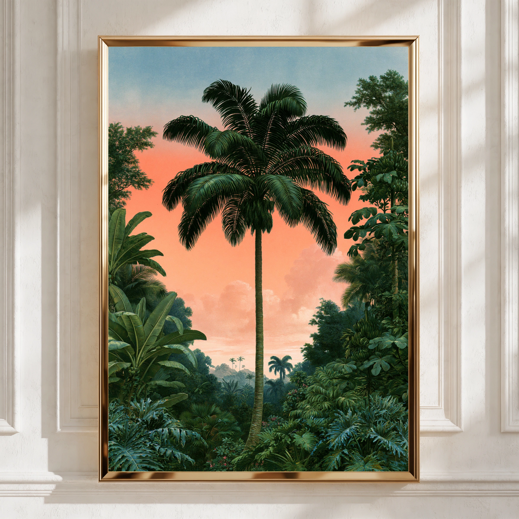 Palm Tree Sunset Poster, Tropical Jungle Wall Art, Vintage botanical Print