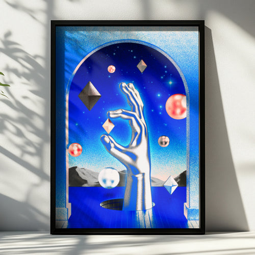 Psychedelic Hand Cosmic Poster, Surreal Blue Space Wall Art, Geometric