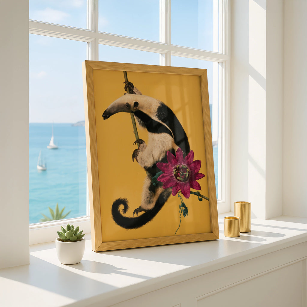 Anteater & Passion Flower Poster, Tropical Wildlife Wall Art Print