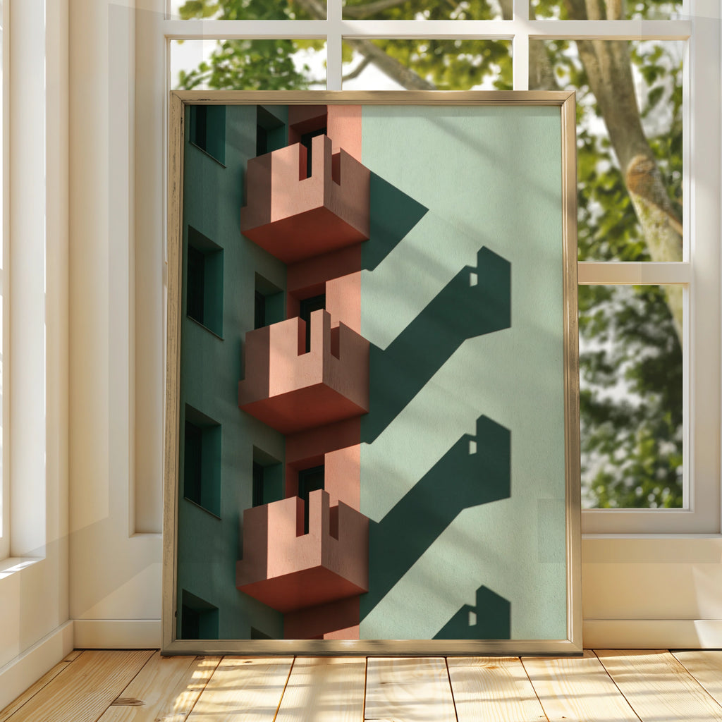 Architecture Balcony Shadow Poster, Pink Green Geometric Building Print, Minimalist