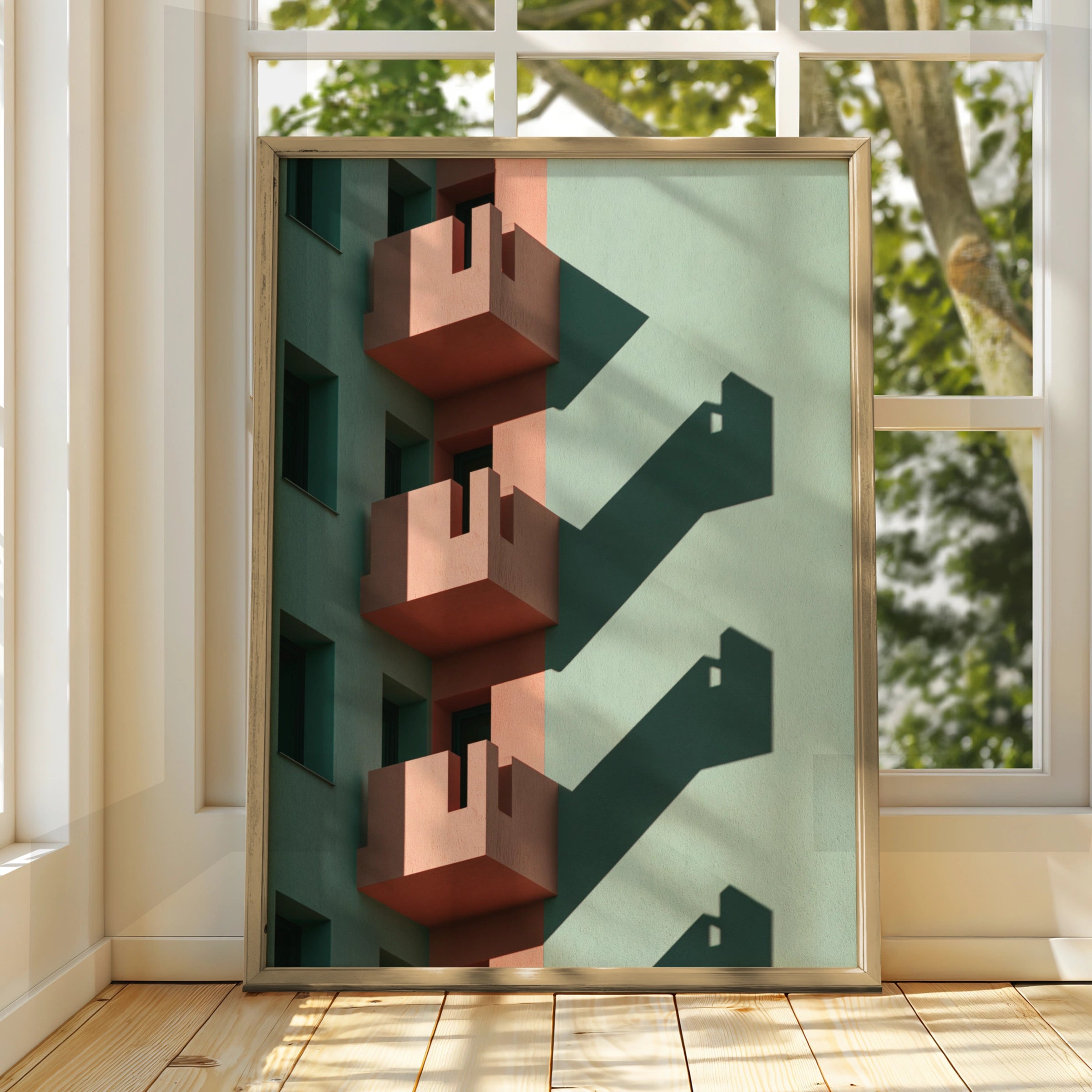 Architecture Balcony Shadow Poster, Pink Green Geometric Building Print, Minimalist