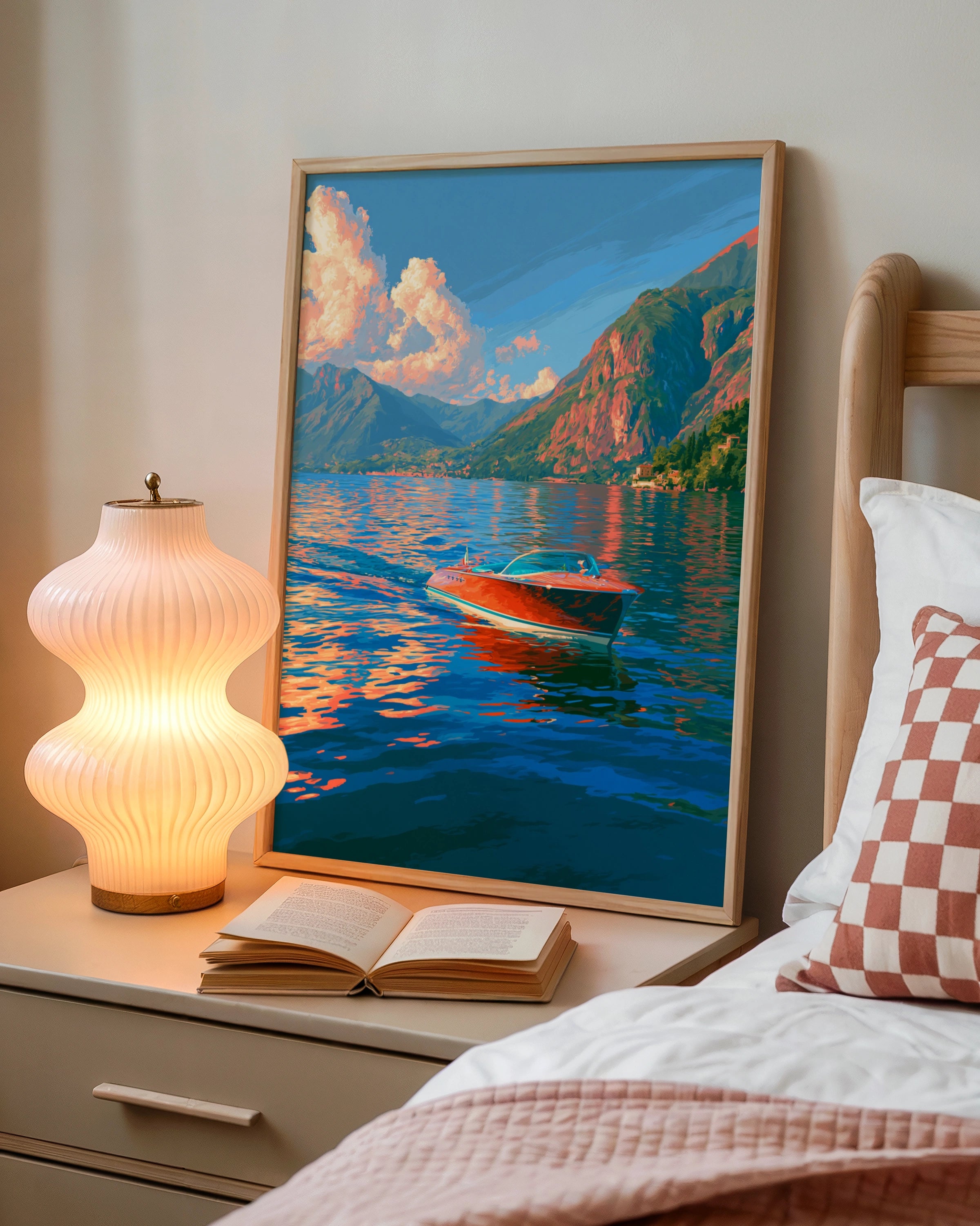 Speedboat Lake Como Poster, Italian Alps Wall Art, Retro Travel Print