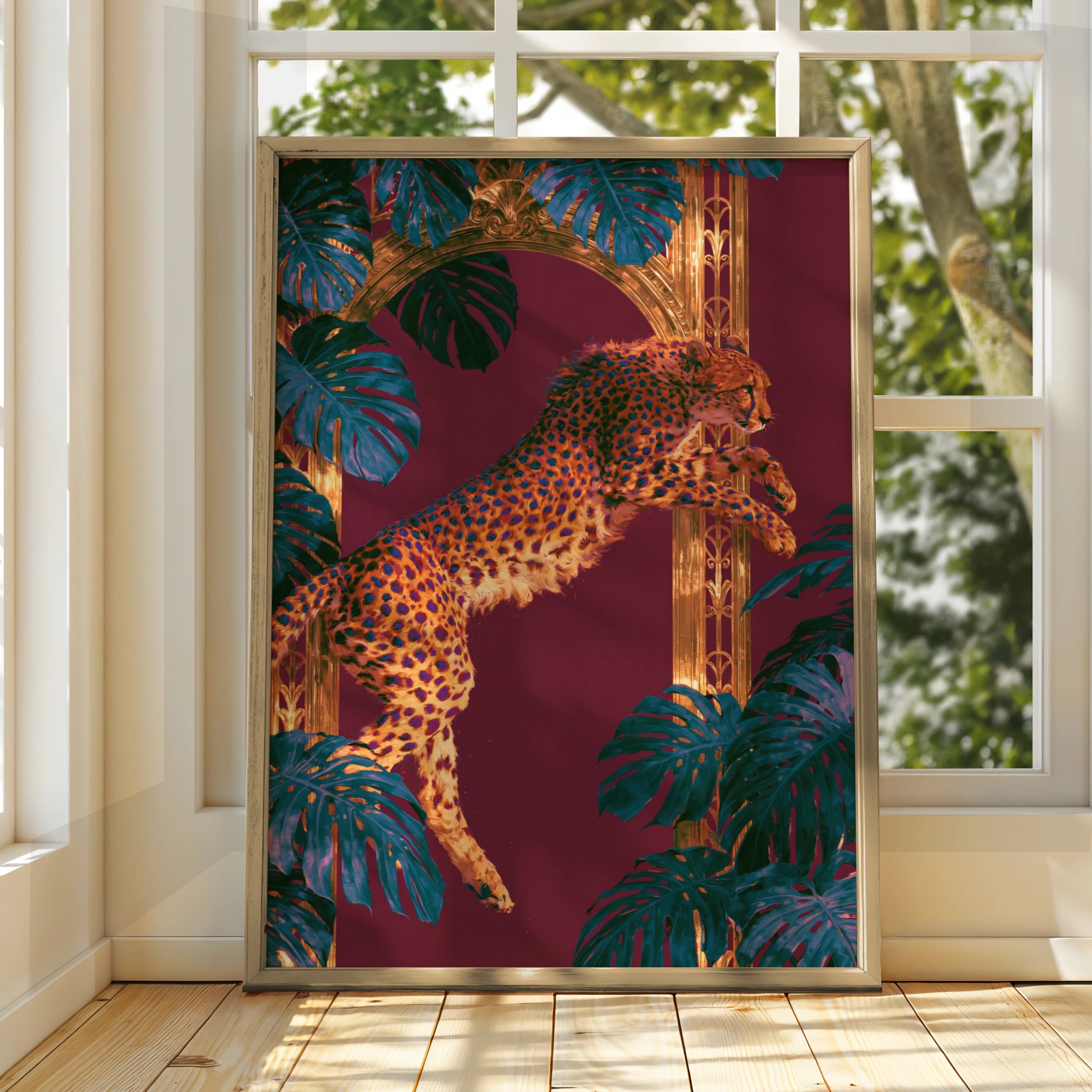 Leaping Cheetah Poster, Art Deco Jungle Wall Art, Bold Maximalist Print