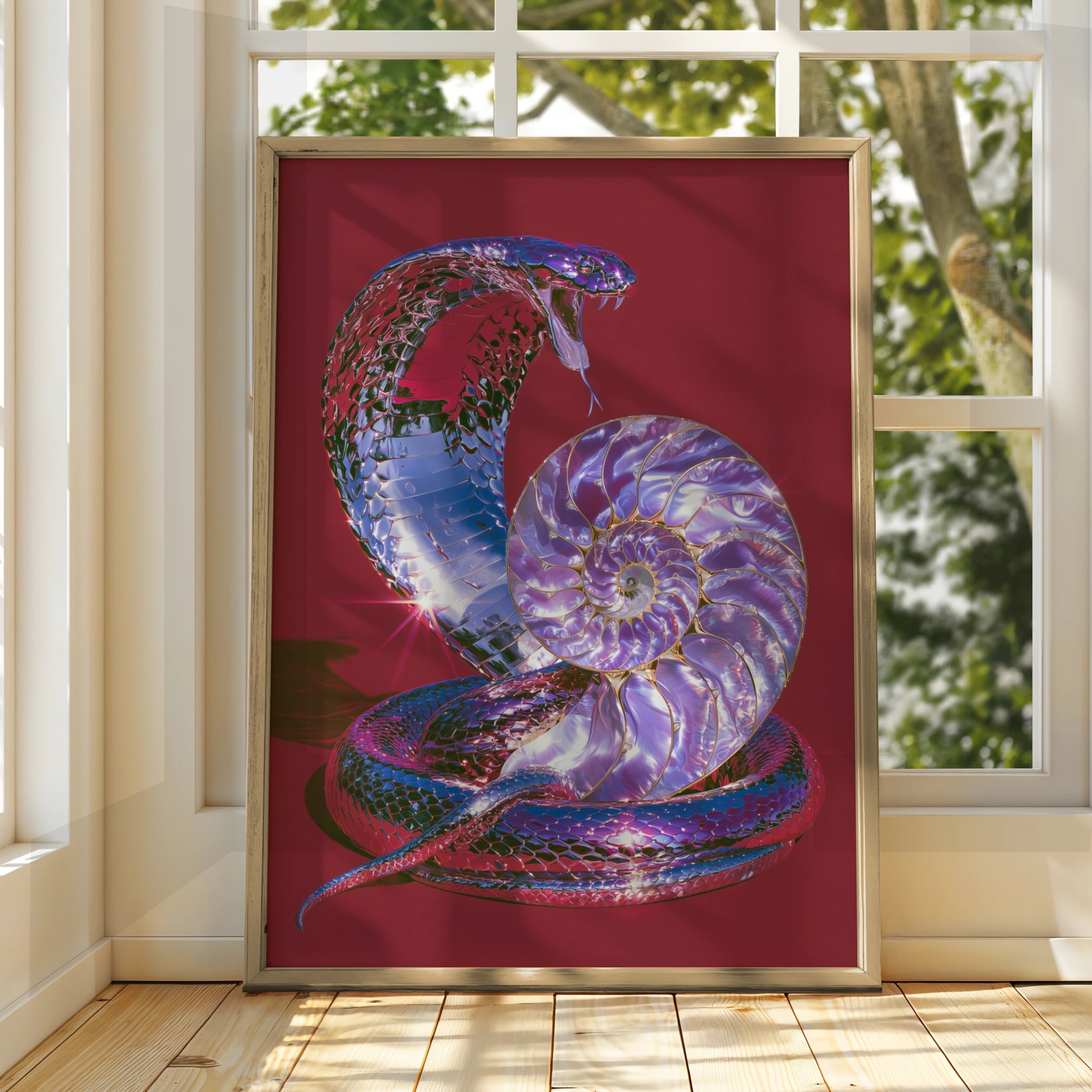 Chrome Cobra Nautilus Shell Poster, Red Purple Snake Wall Art Print