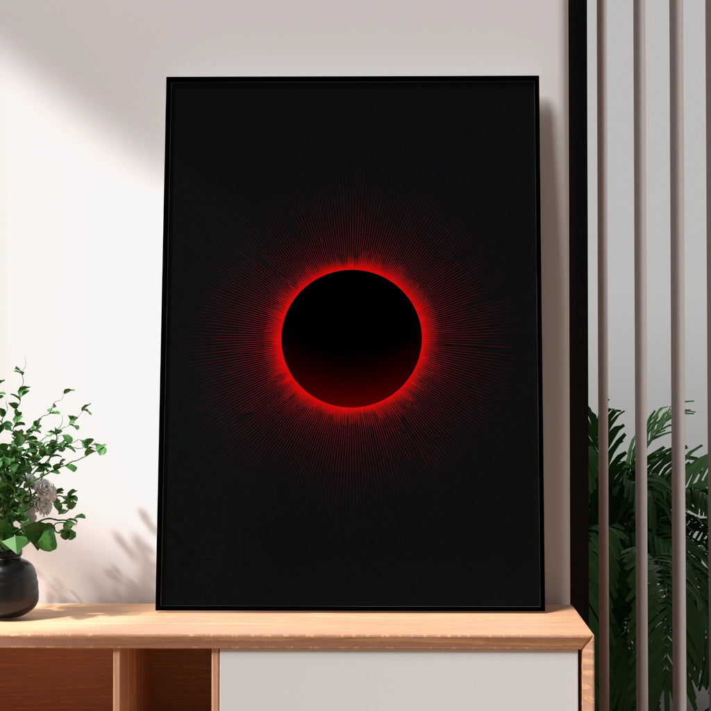 Solar Eclipse Poster, Red Black Minimalist Wall Art, Space Print