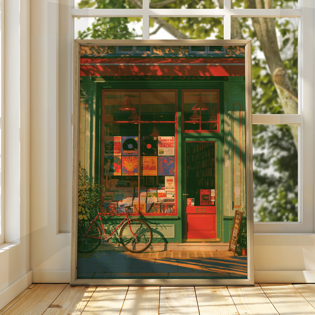 Record Store Poster, Vinyl Shop Street Scene, Retro Music Wall Art