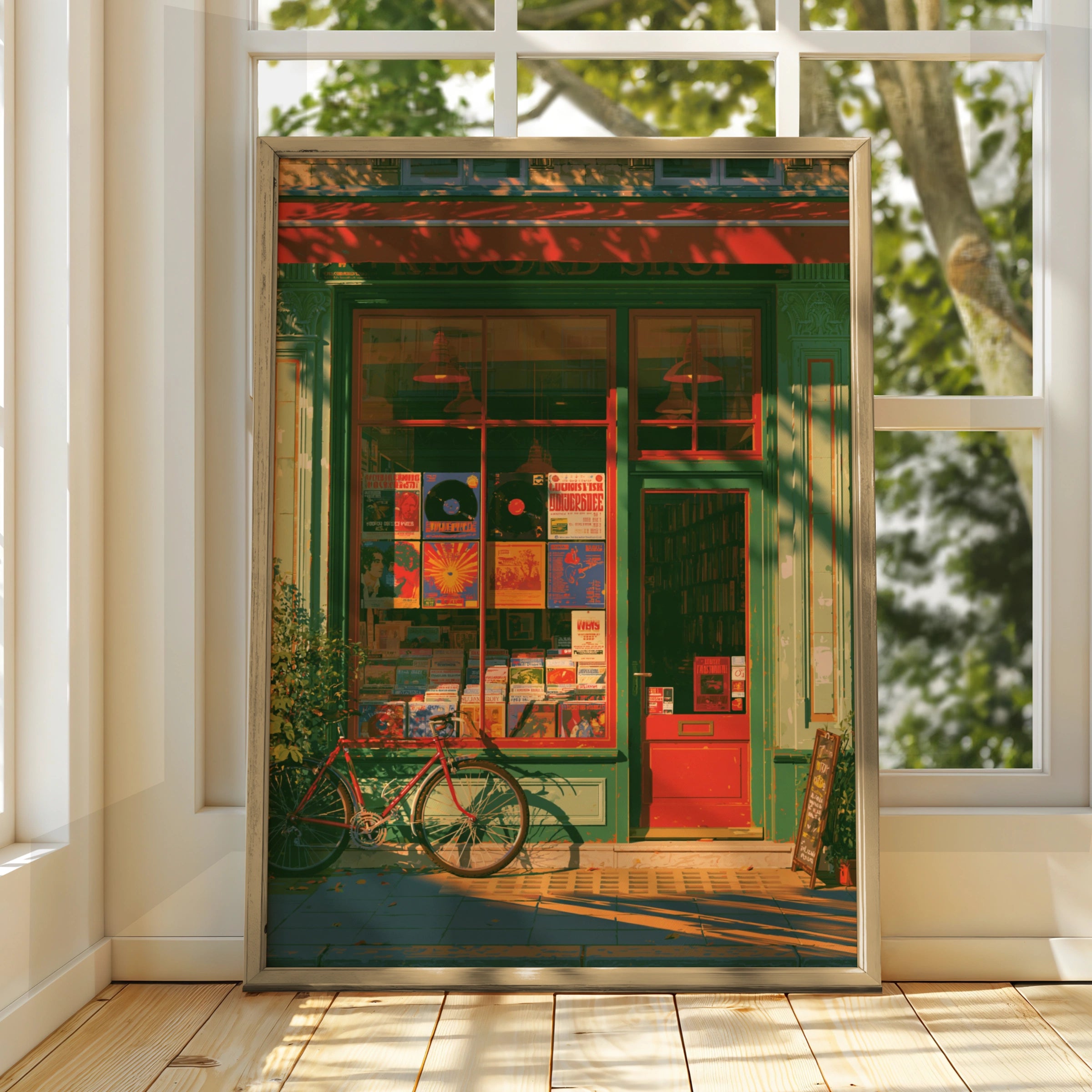 Record Store Poster, Vinyl Shop Street Scene, Retro Music Wall Art