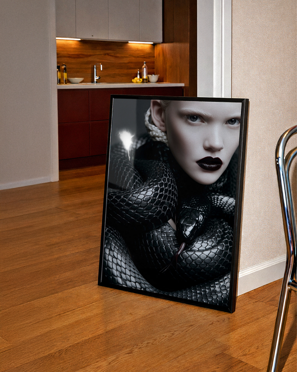 Black Snake Model Portrait Poster, Dark Gothic Fashion Wall Art Print