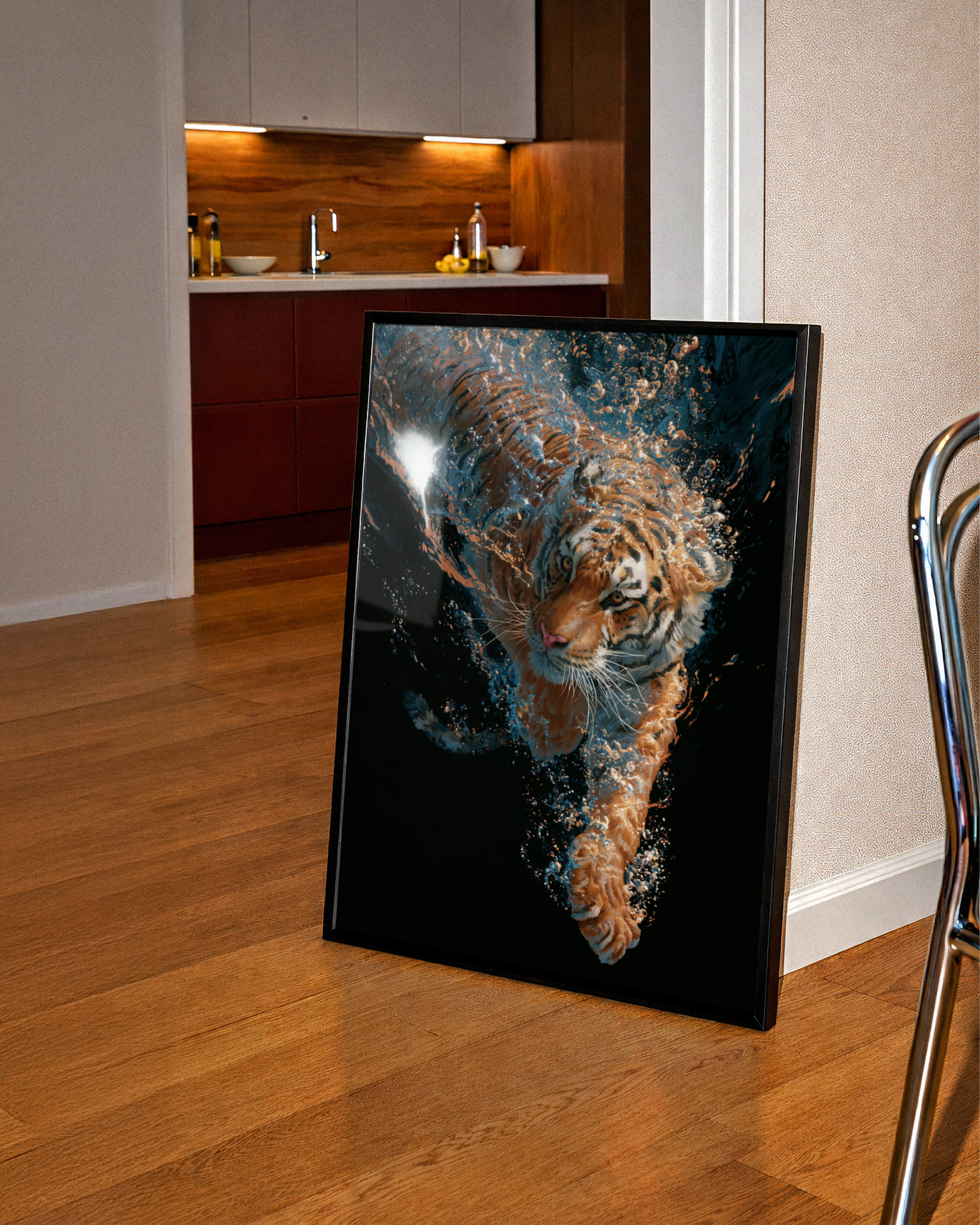 Diving Tiger Underwater Wall Art Poster, Bold Wildlife Print, Dark Dramatic Style