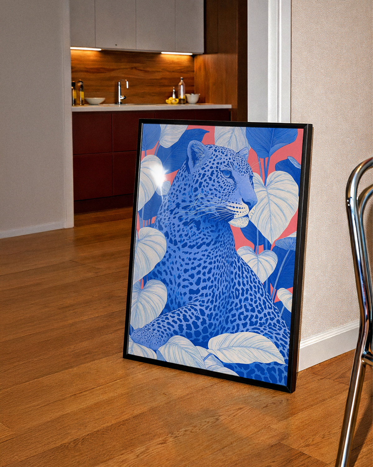 Blue Leopard Tropical Leaves Poster, Bold Pink Wildlife Wall Art Print