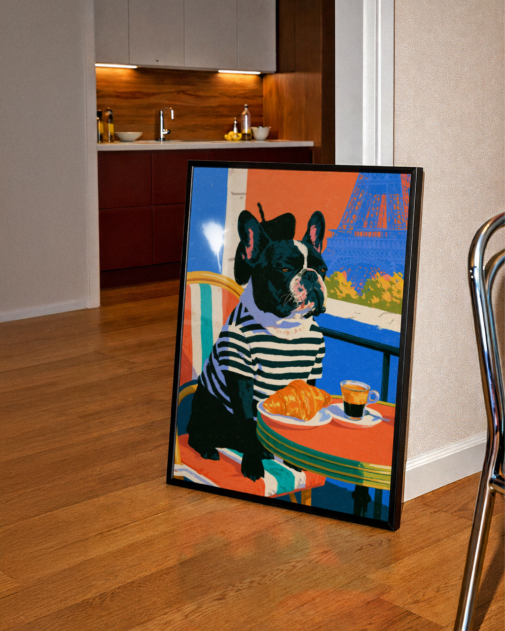 French Bulldog Paris Cafe Wall Art Poster, Eiffel Tower, Bold Colourful Print