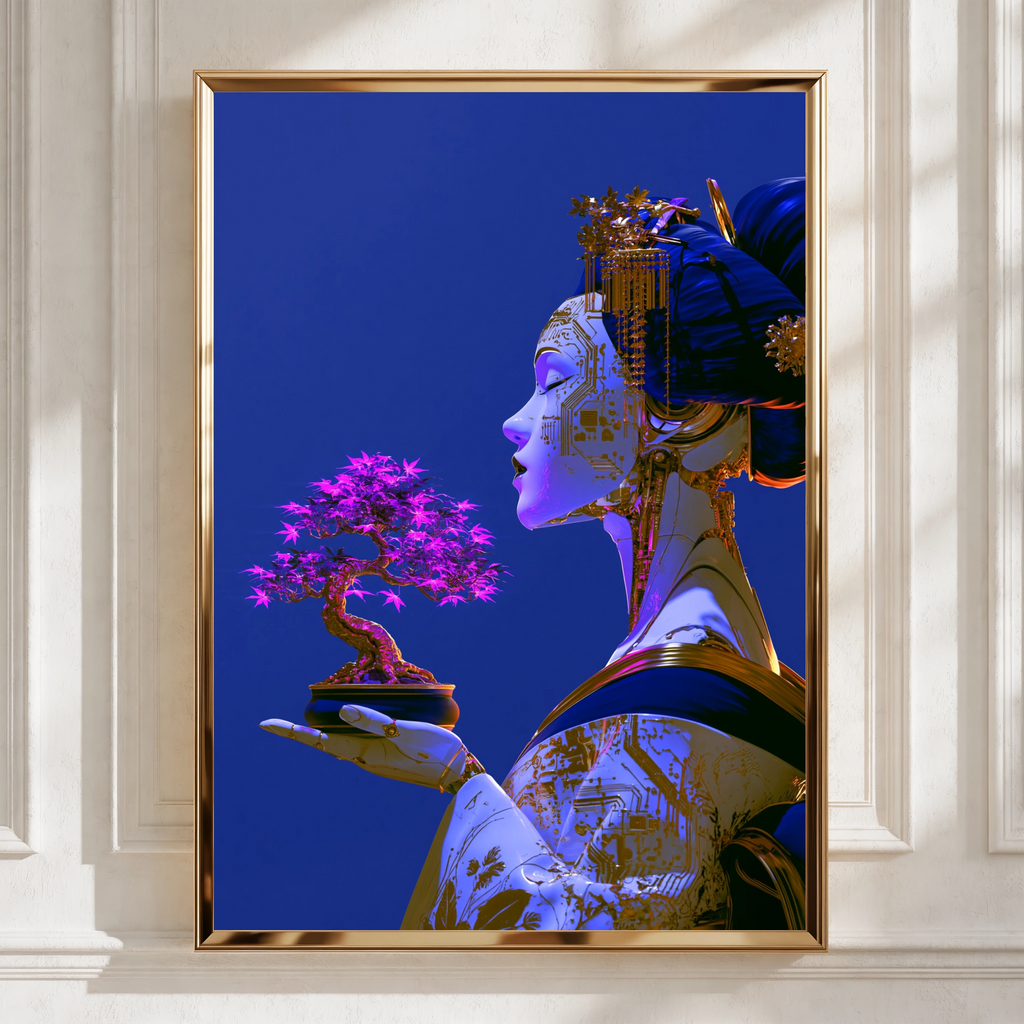 Cyber Geisha Bonsai Poster, Japanese Robot Art Print, Futuristic Blue Gold