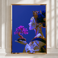 Cyber Geisha Bonsai Poster, Japanese Robot Art Print, Futuristic Blue Gold