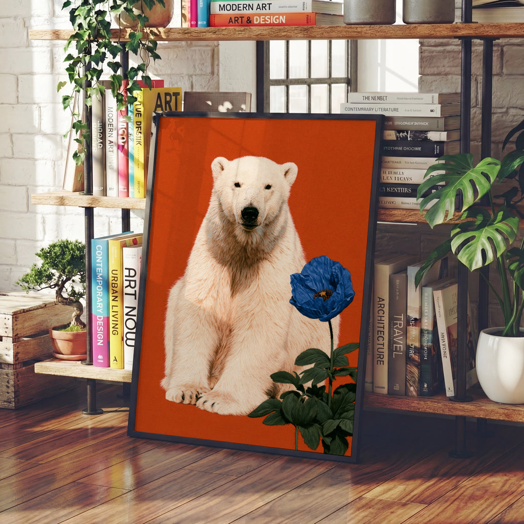 Polar Bear Blue Flower Poster, Bold Orange Wildlife Wall Art Print
