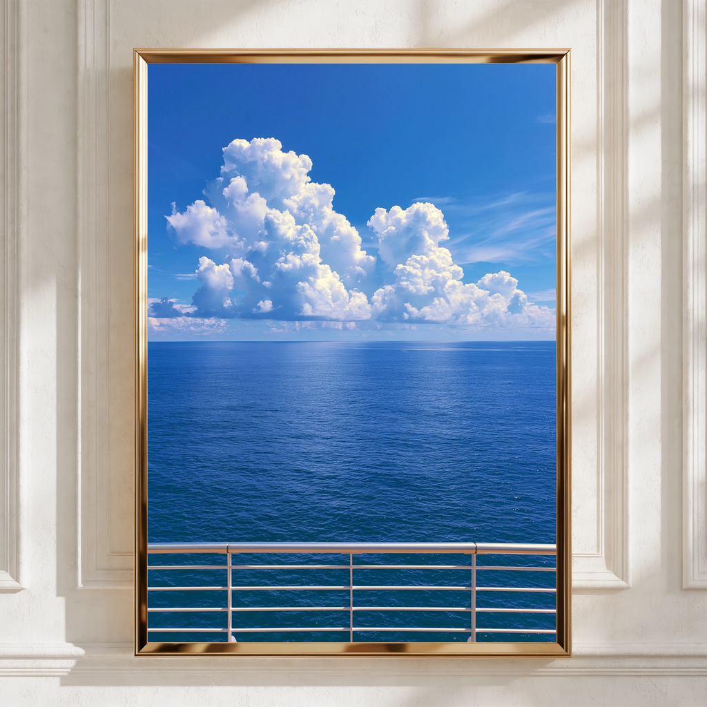 Cruise Ship Deck Ocean View Poster, Blue Sea Sky Clouds, Nautical Wall Art