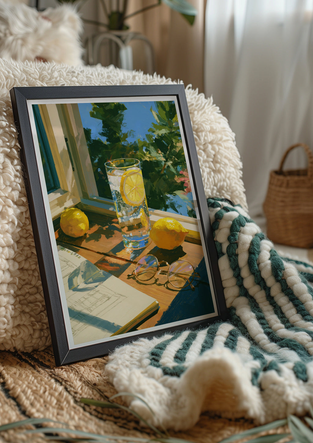 Gin Tonic Lemon Glass Windowsill Poster, Summer Reading Still Life Print
