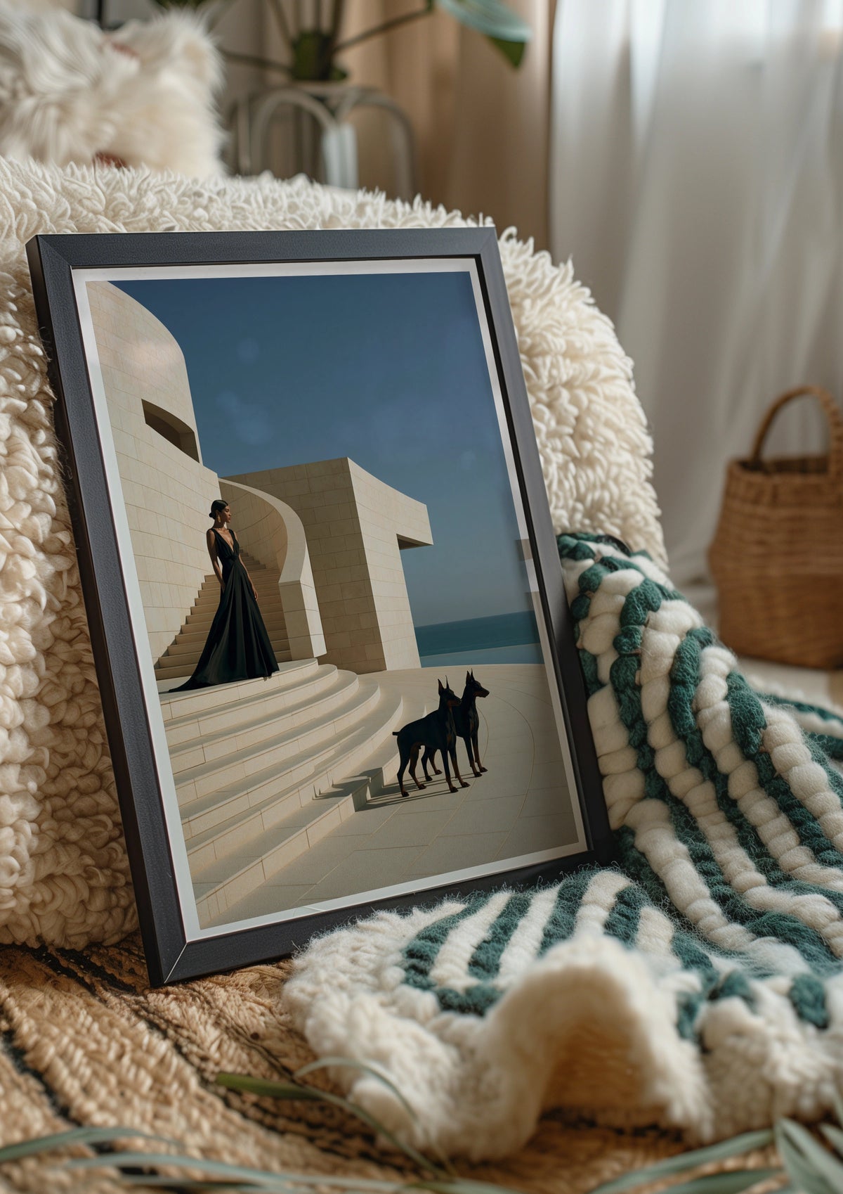 Woman with Dobermanns on Travertine Stairs, Wall Art Poster, Luxury Minimalist