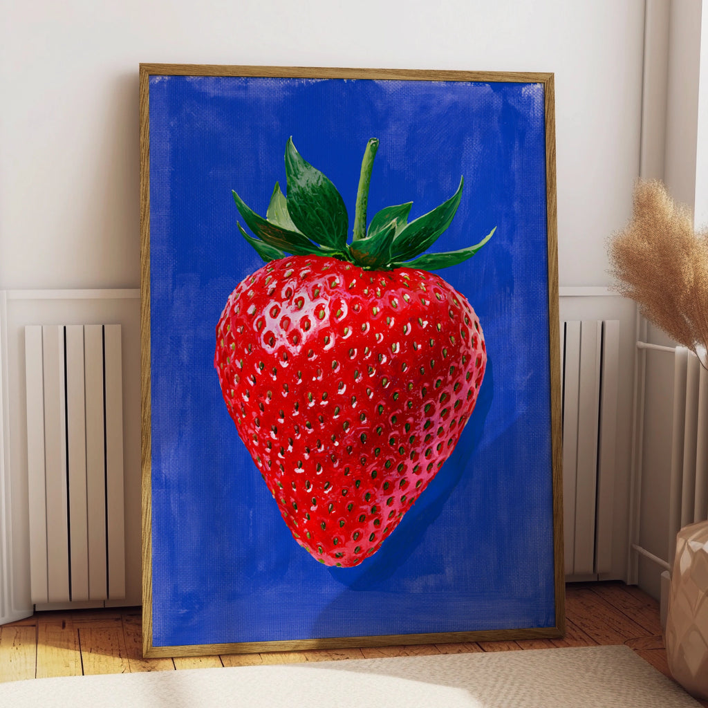 Strawberry Blue Background Poster, Bold Fruit Wall Art, Kitchen Print