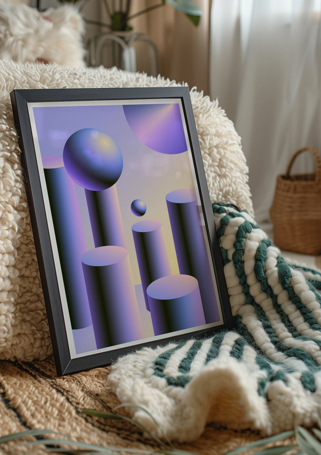 Purple Abstract Geometric Shapes Poster, 3D Spheres Cylinders Wall Art Print