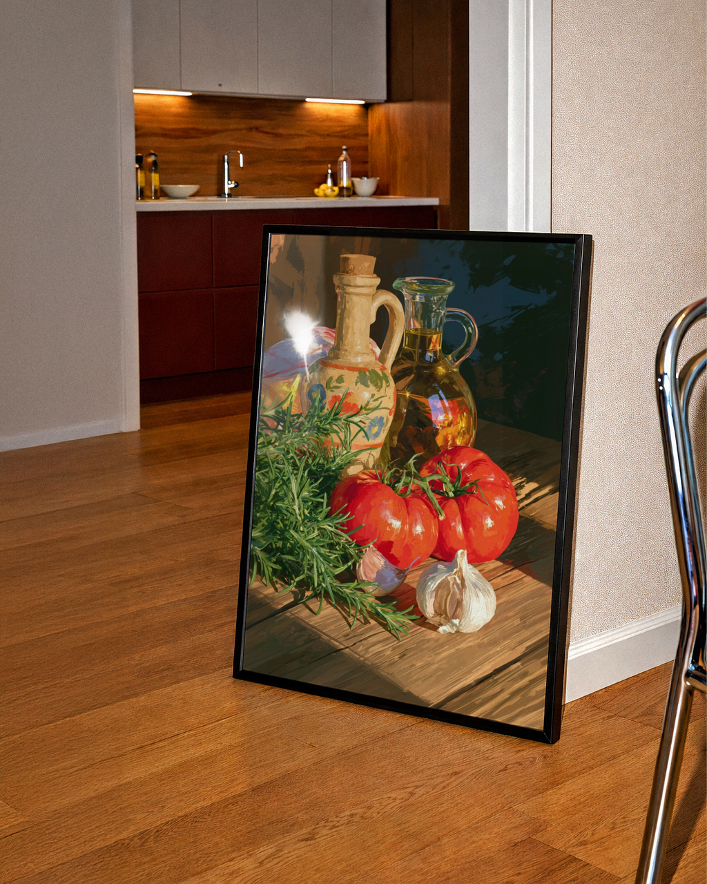 Tomatoes Garlic Olive Oil Rosemary Still Life Poster, Mediterranean Kitchen Art