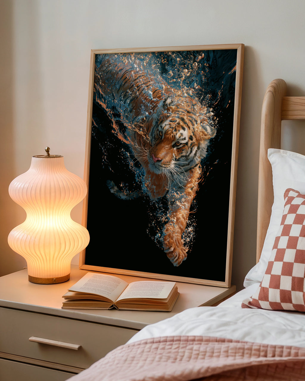 Diving Tiger Underwater Wall Art Poster, Bold Wildlife Print, Dark Dramatic Style