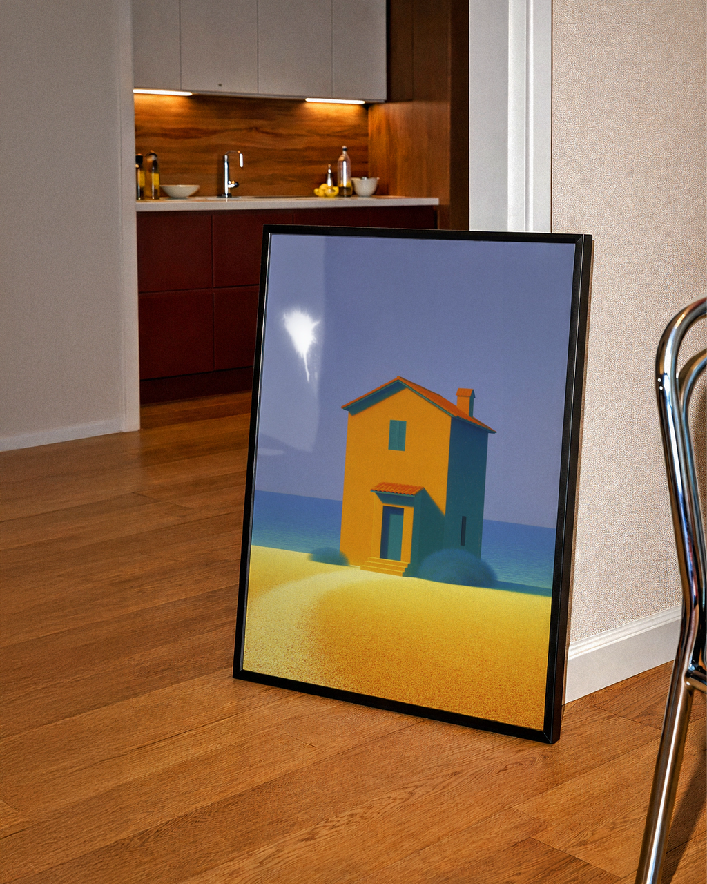 Beach House Abstract Art Print, Coastal Minimalist Poster, Orange Teal Blue