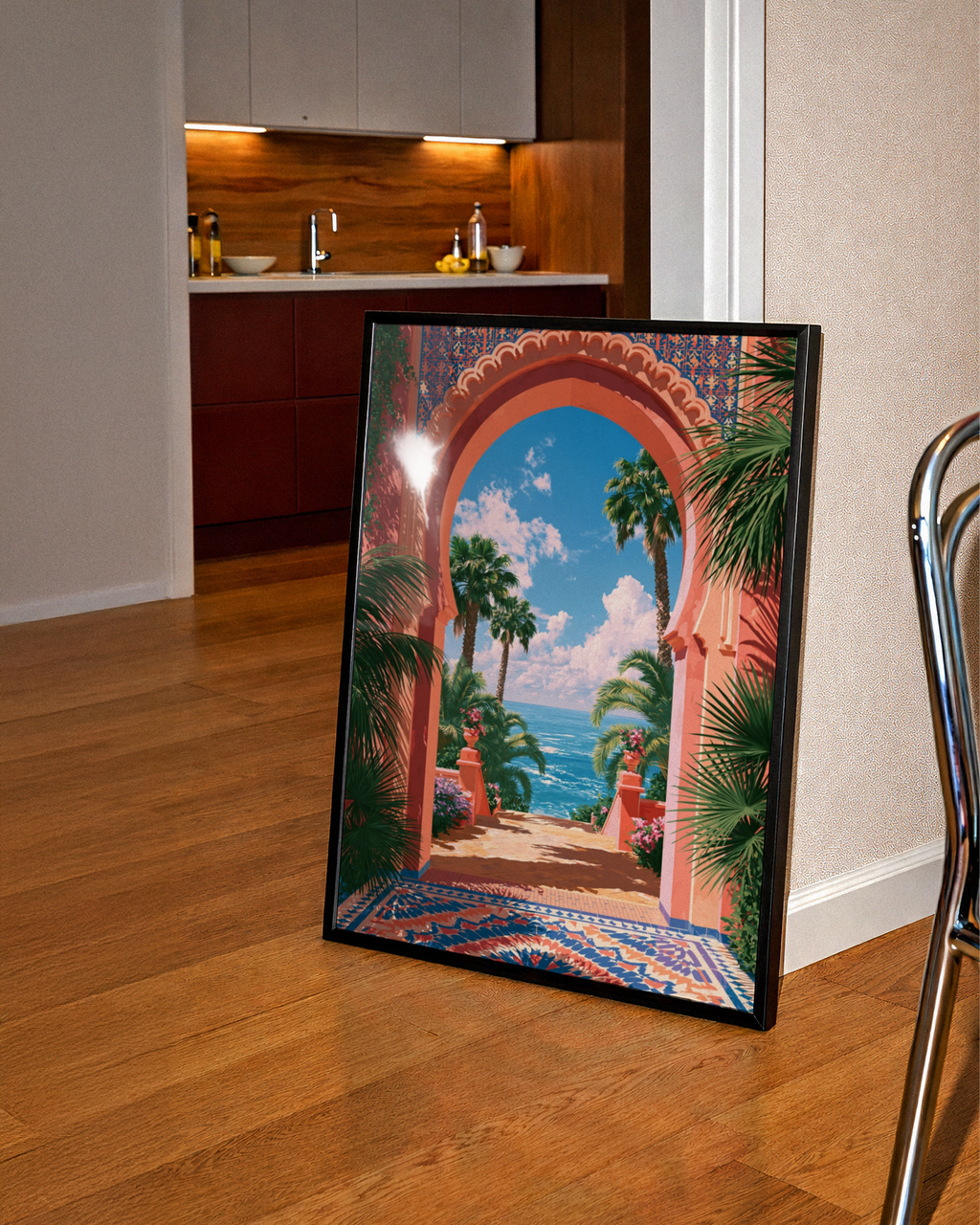 Moroccan Archway Palm Trees Sea View Wall Art Poster, Coastal Travel Print