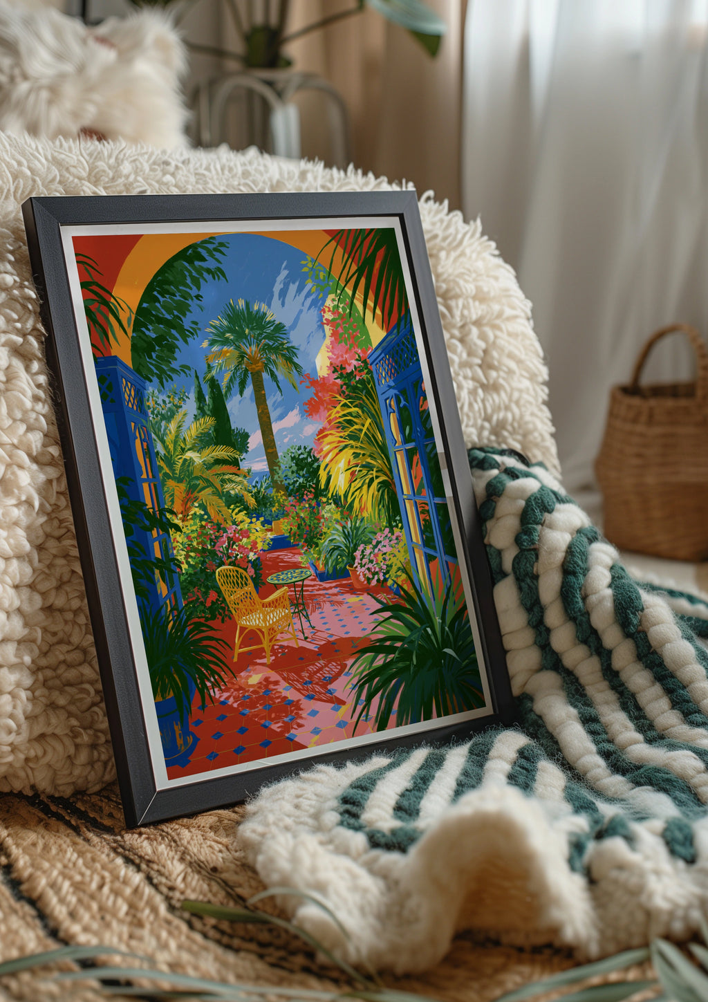 Courtyard Flowers Palms Poster, Moroccan Garden Wall Art, Colourful Botanical Print