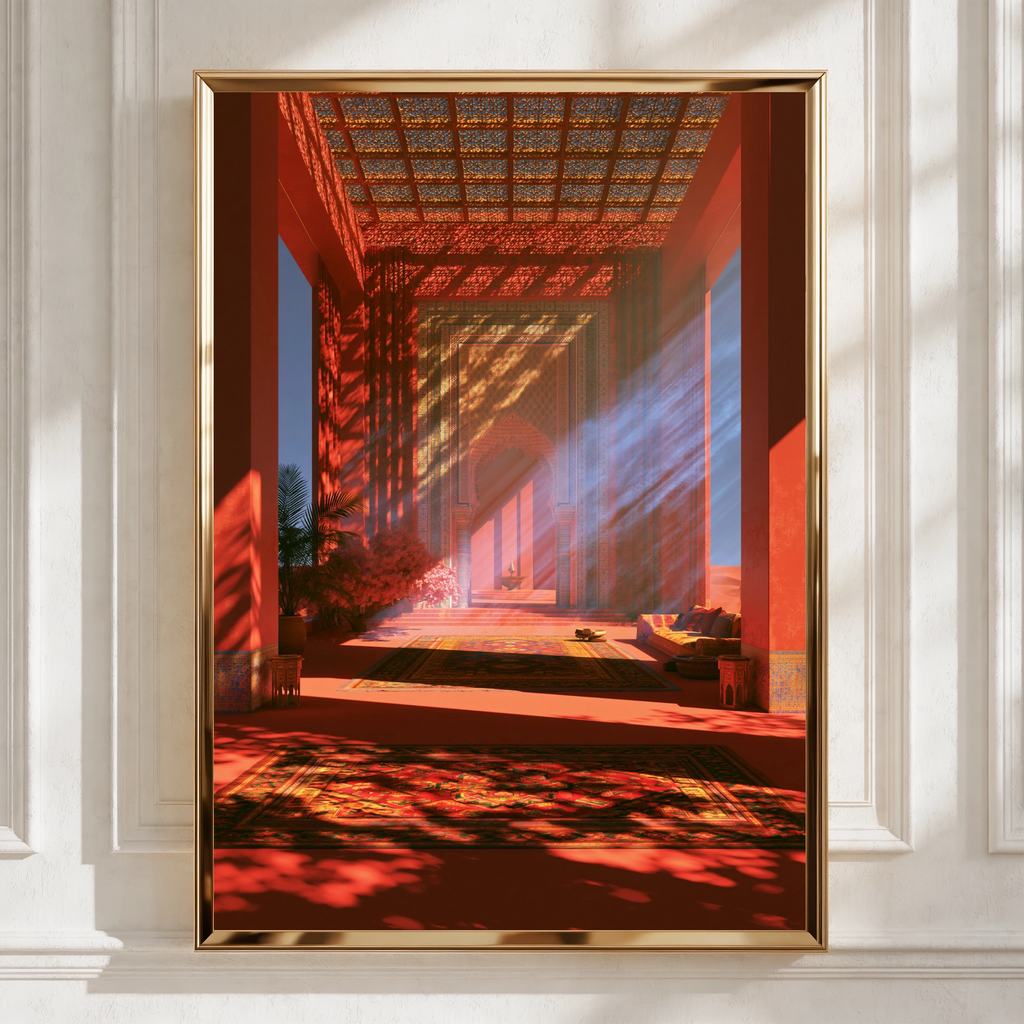 Middle Eastern Hall Poster, Moroccan Architecture Art Print, Warm Red Tones