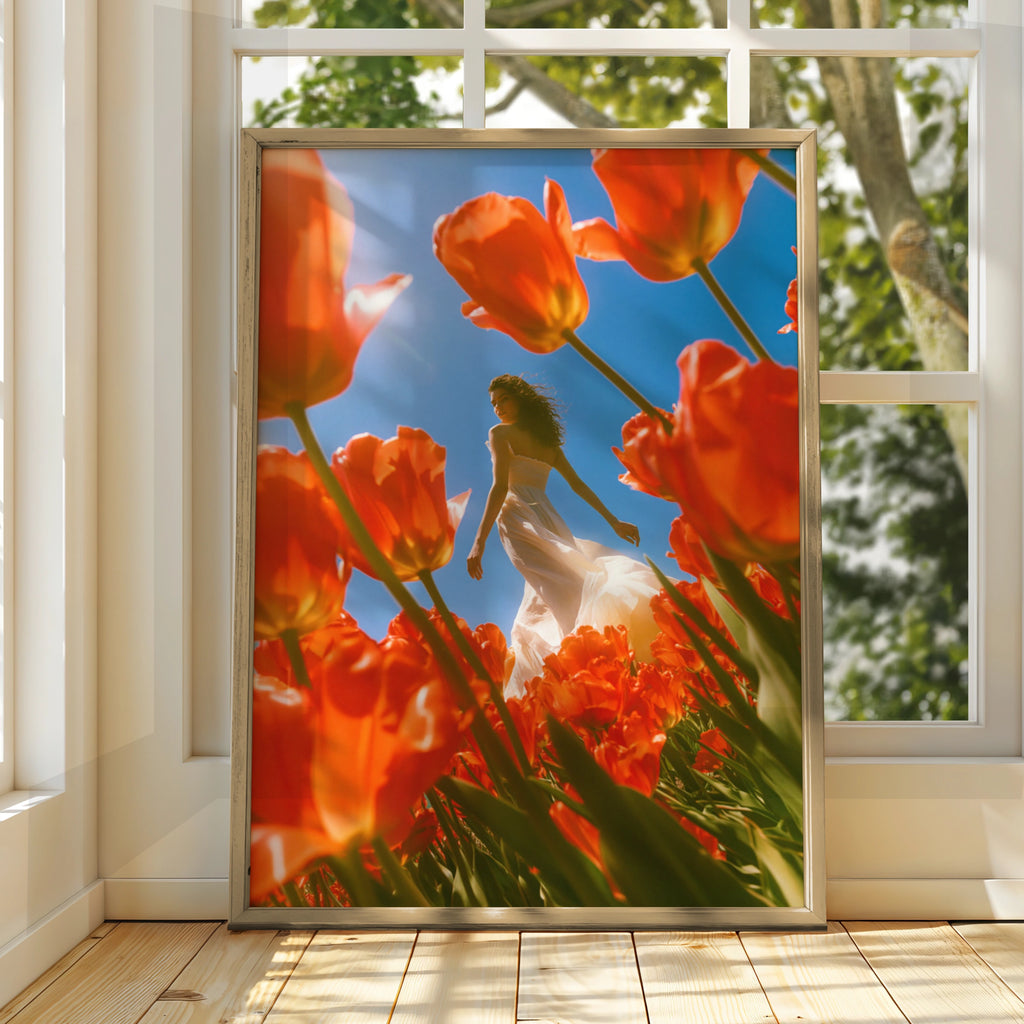 Woman in Tulip Field Poster, Red Flowers Blue Sky, Botanical Art Print