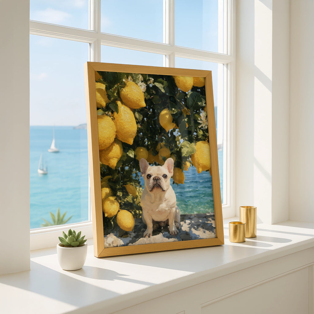 French Bulldog Lemon Tree Poster, Mediterranean Coast, Oil Painting Style