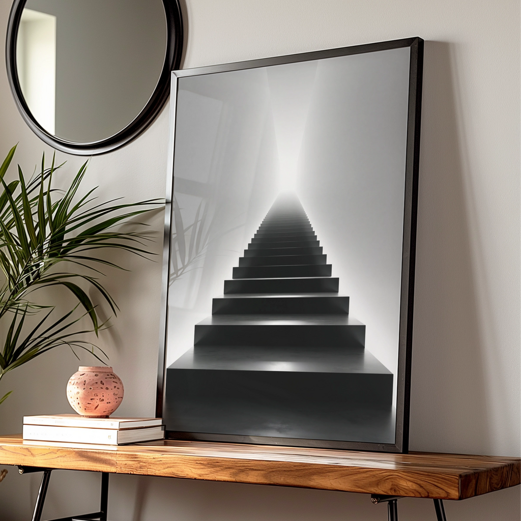Black Stairway to Light Poster, Minimalist Architecture Print, Monochrome Wall Art