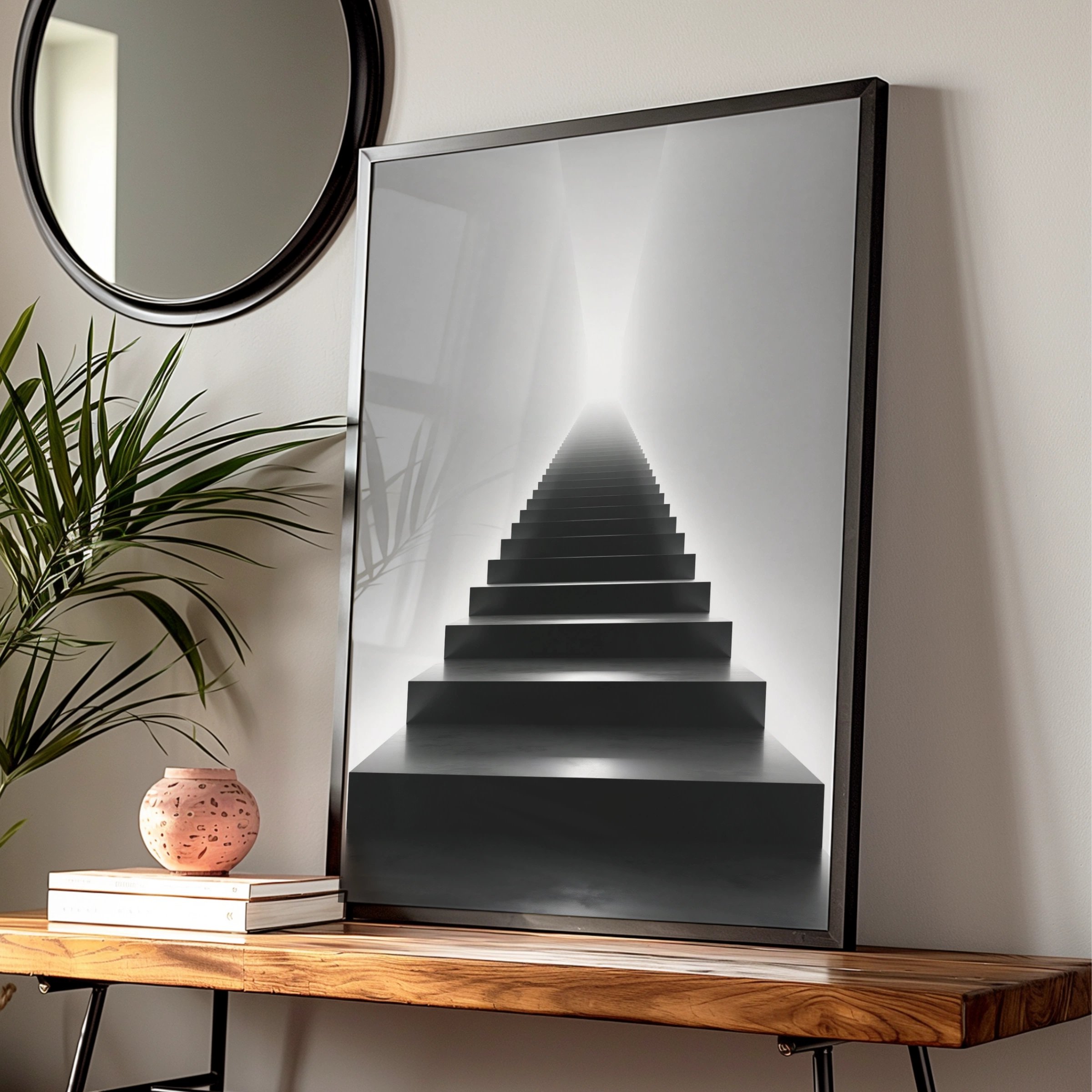 Black Stairway to Light Poster, Minimalist Architecture Print, Monochrome Wall Art