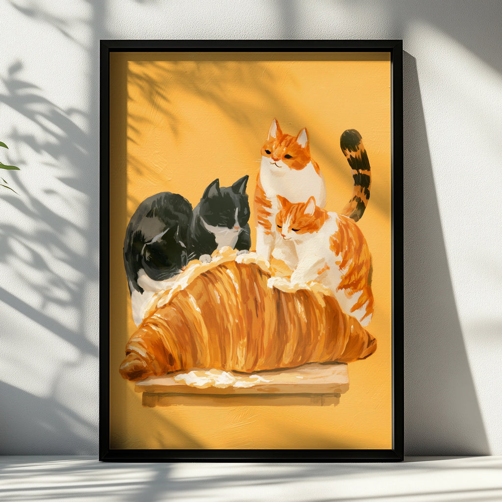 Cats on a Croissant Poster, Funny Cat Wall Art, Warm Yellow Kitchen Print
