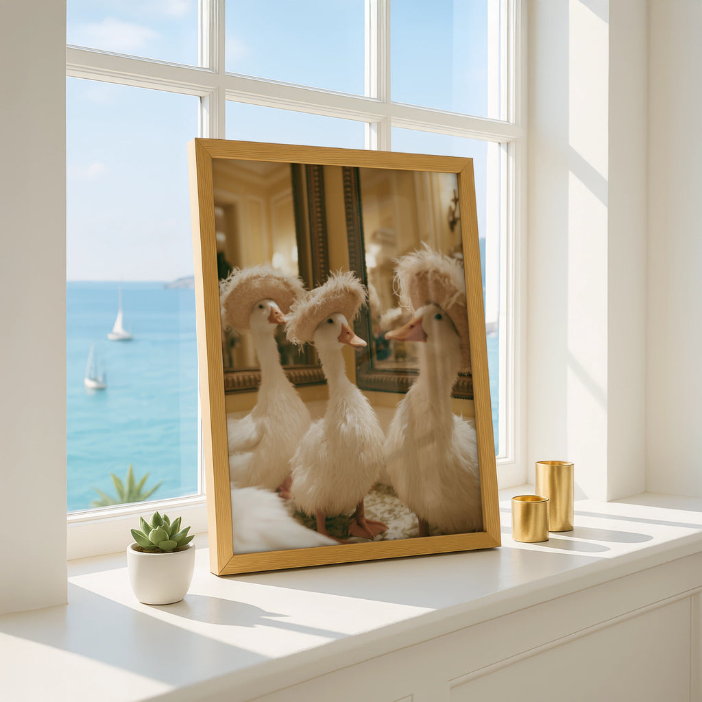 Ducks in Hats Wall Art Poster, Whimsical White Ducks, Funny Animal Print