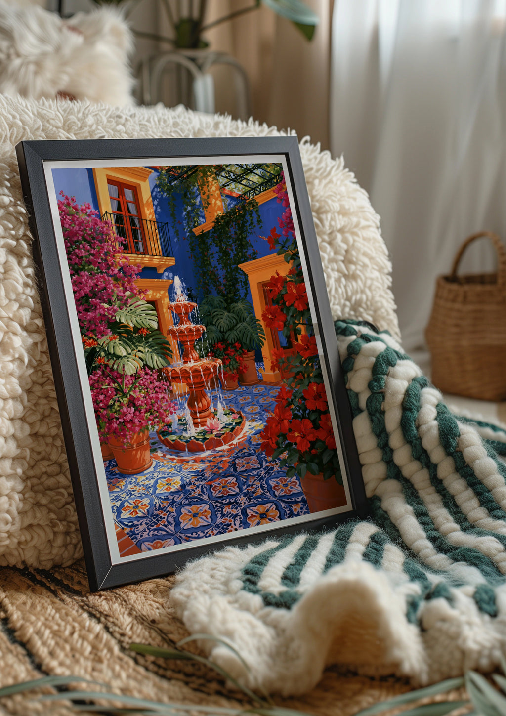 Mexican Courtyard Fountain Wall Art Poster, Colourful Botanical Print