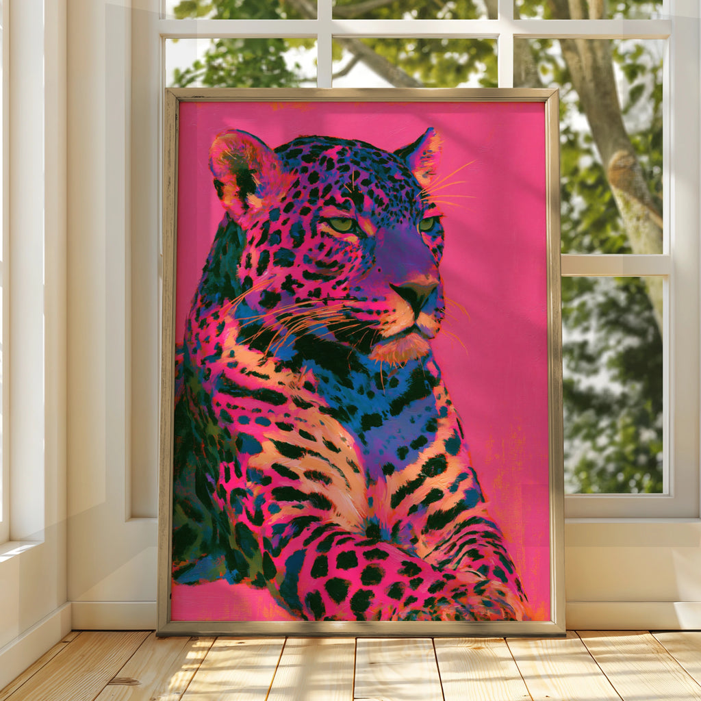 Neon Jaguar Wall Art Poster, Pink Pop Art Big Cat Print, Bold Colourful