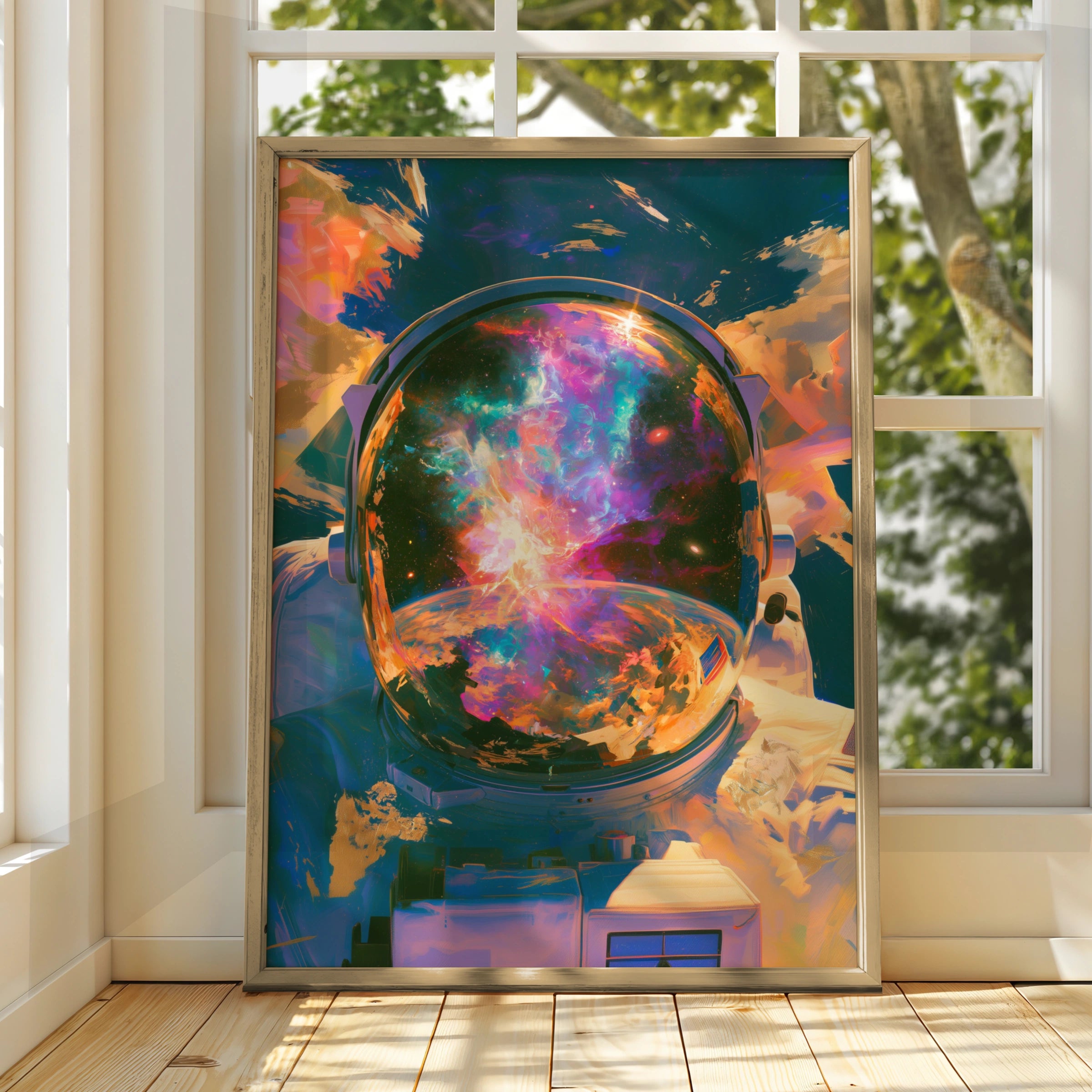 Astronaut Helmet Nebula Reflection Poster, Abstract Space Art Print