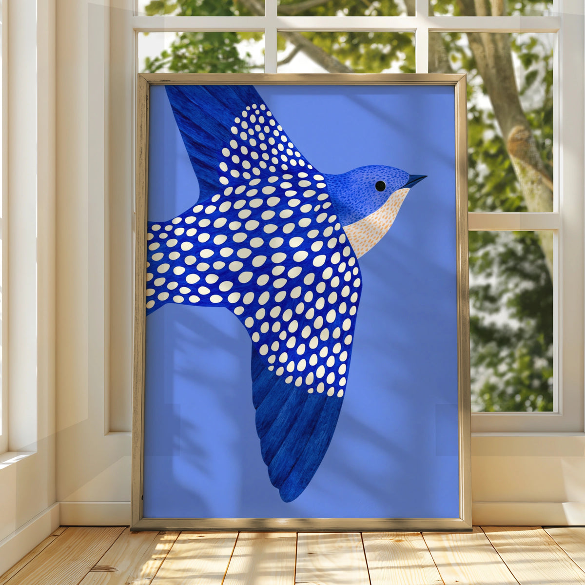 Blue Swallow in Flight Wall Art Poster, Dotted Bird Print, Bold Illustrated Style