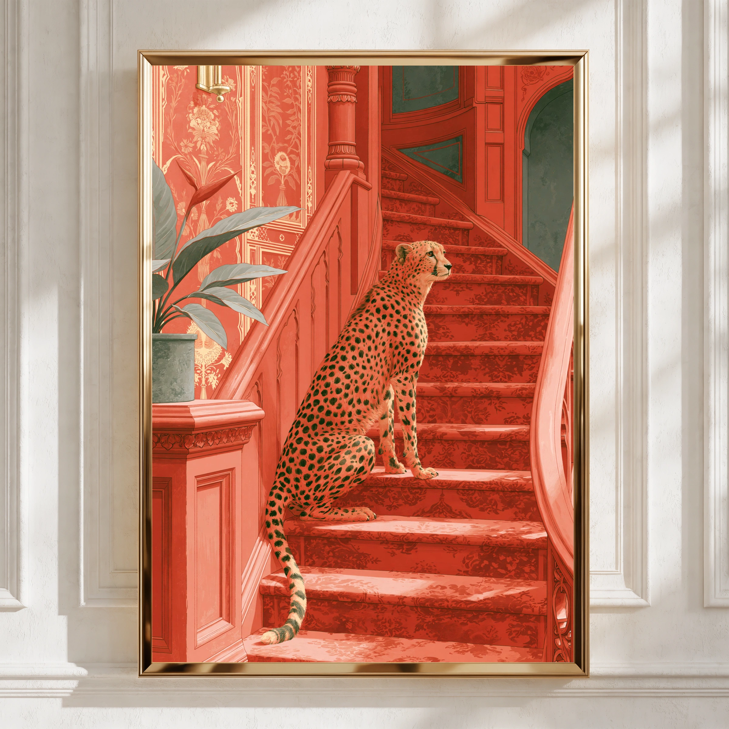 Cheetah on Red Staircase Poster, Victorian Interior, Bold Animal Wall Art