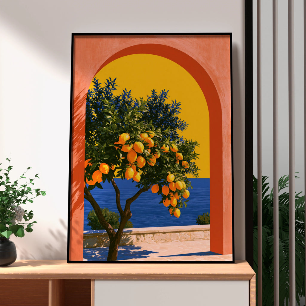 Lemon Tree Terracotta Arch Poster, Mediterranean Sea Wall Art Print