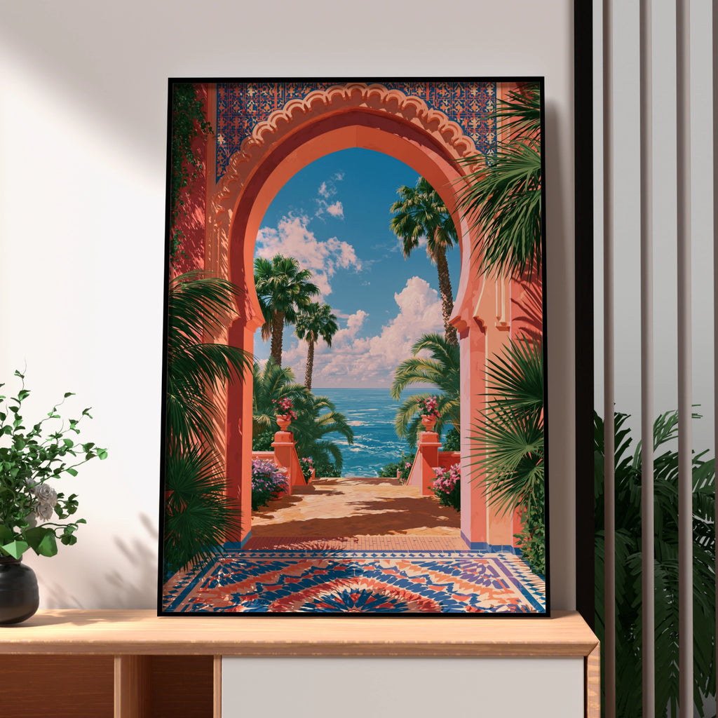 Moroccan Archway Palm Trees Sea View Wall Art Poster, Coastal Travel Print