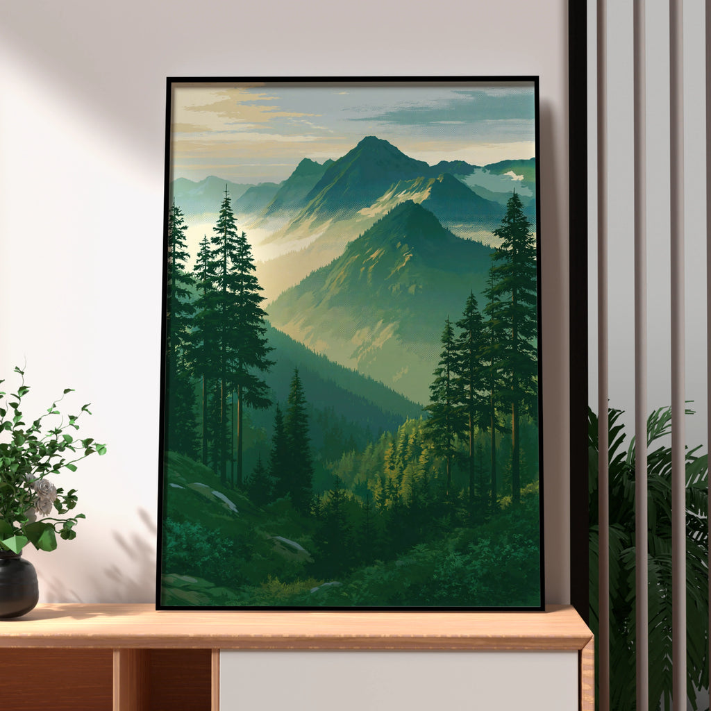 Forest Mountain Landscape Poster, Pine Trees Nature Print, Vintage Style Wall Art