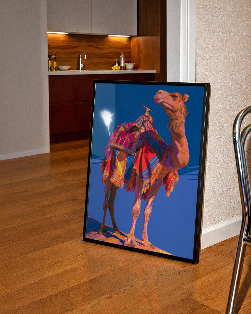 Camel Wall Art Poster, Colourful Desert Animal Print, Bold Blue Pop Art Style