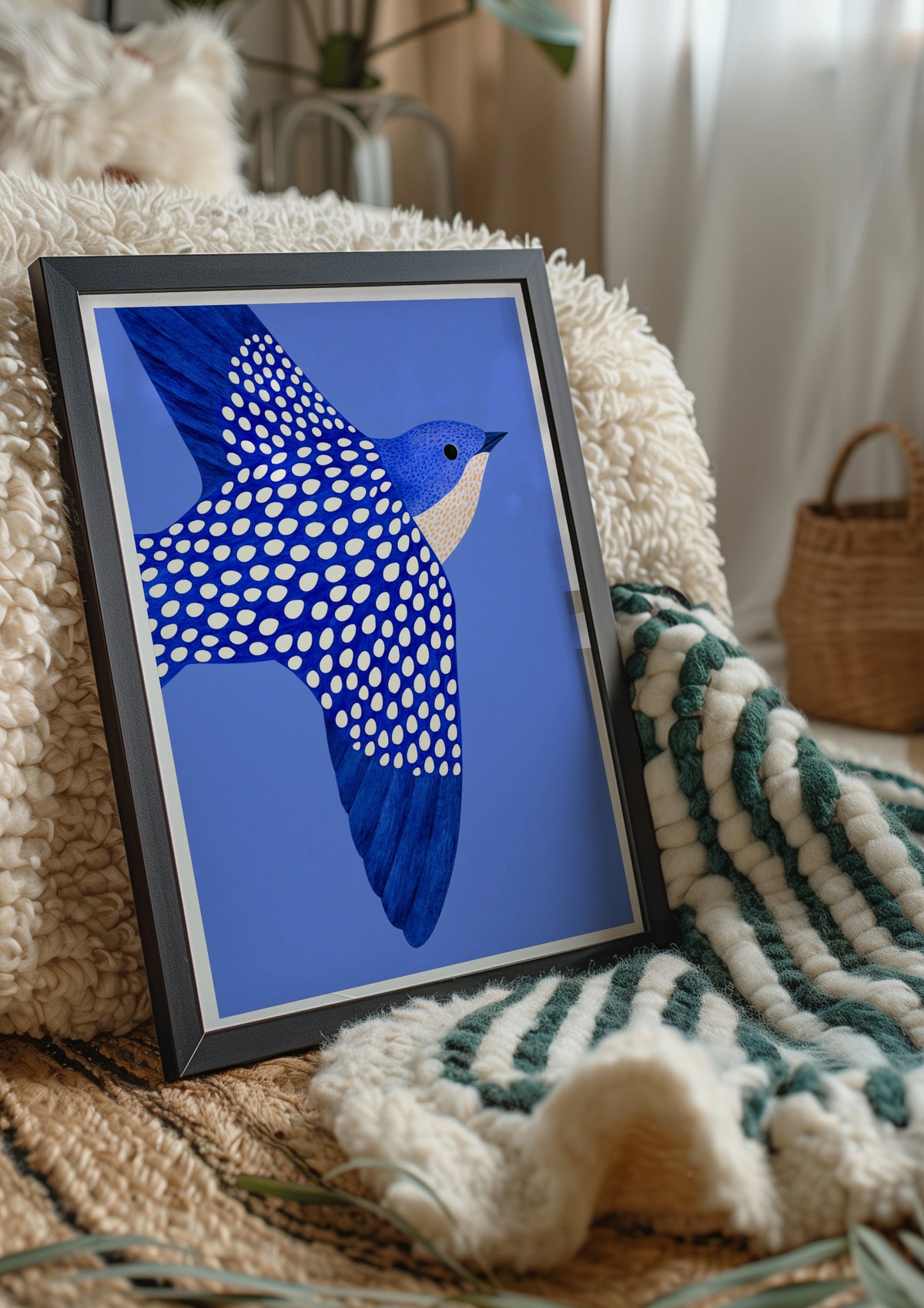 Blue Swallow in Flight Wall Art Poster, Dotted Bird Print, Bold Illustrated Style