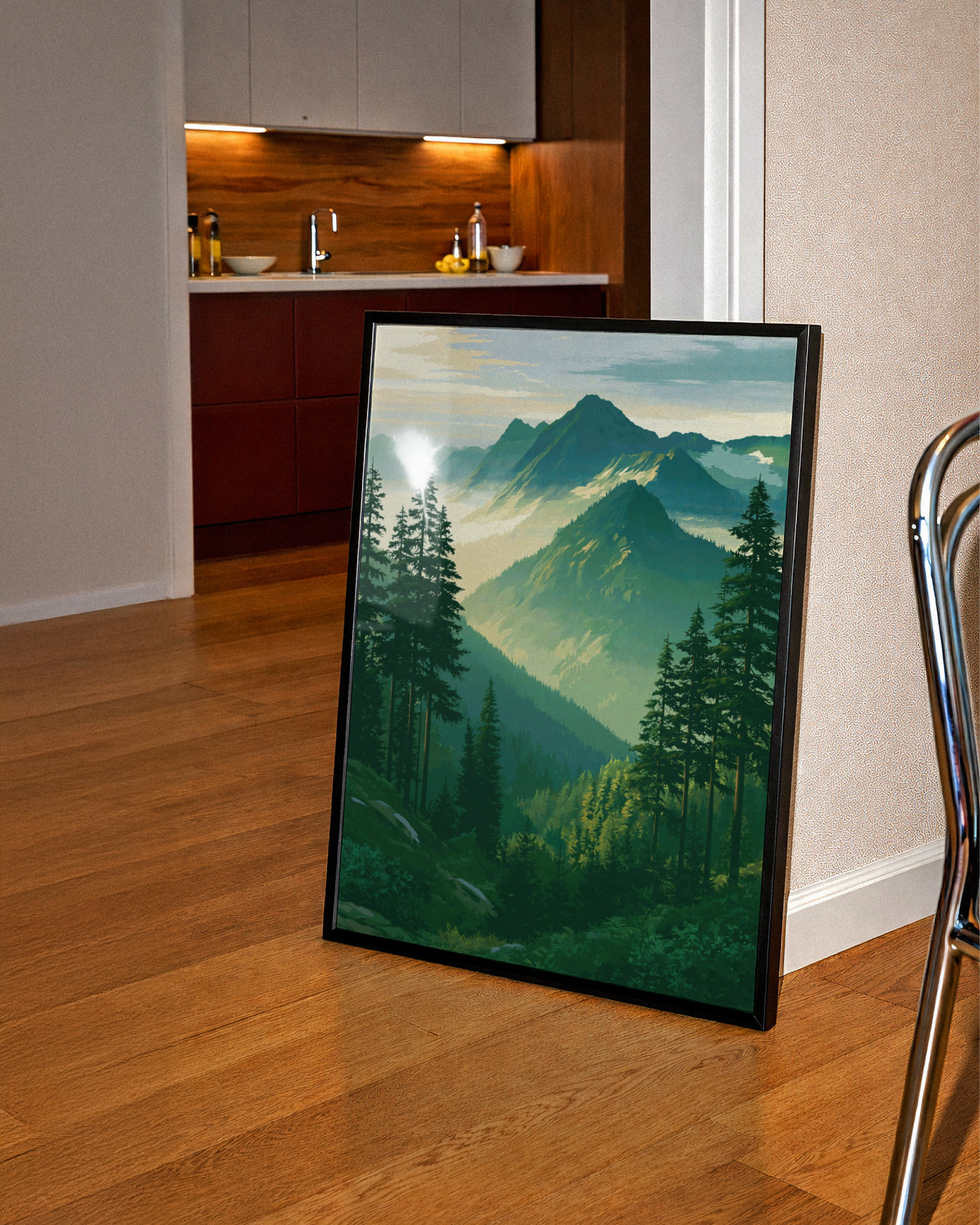 Forest Mountain Landscape Poster, Pine Trees Nature Print, Vintage Style Wall Art