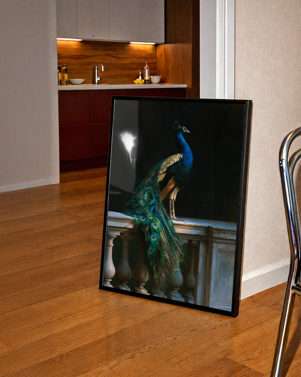 Peacock Antique Painting Poster, Teal Gold Bird Wall Art, Dark Classical Style