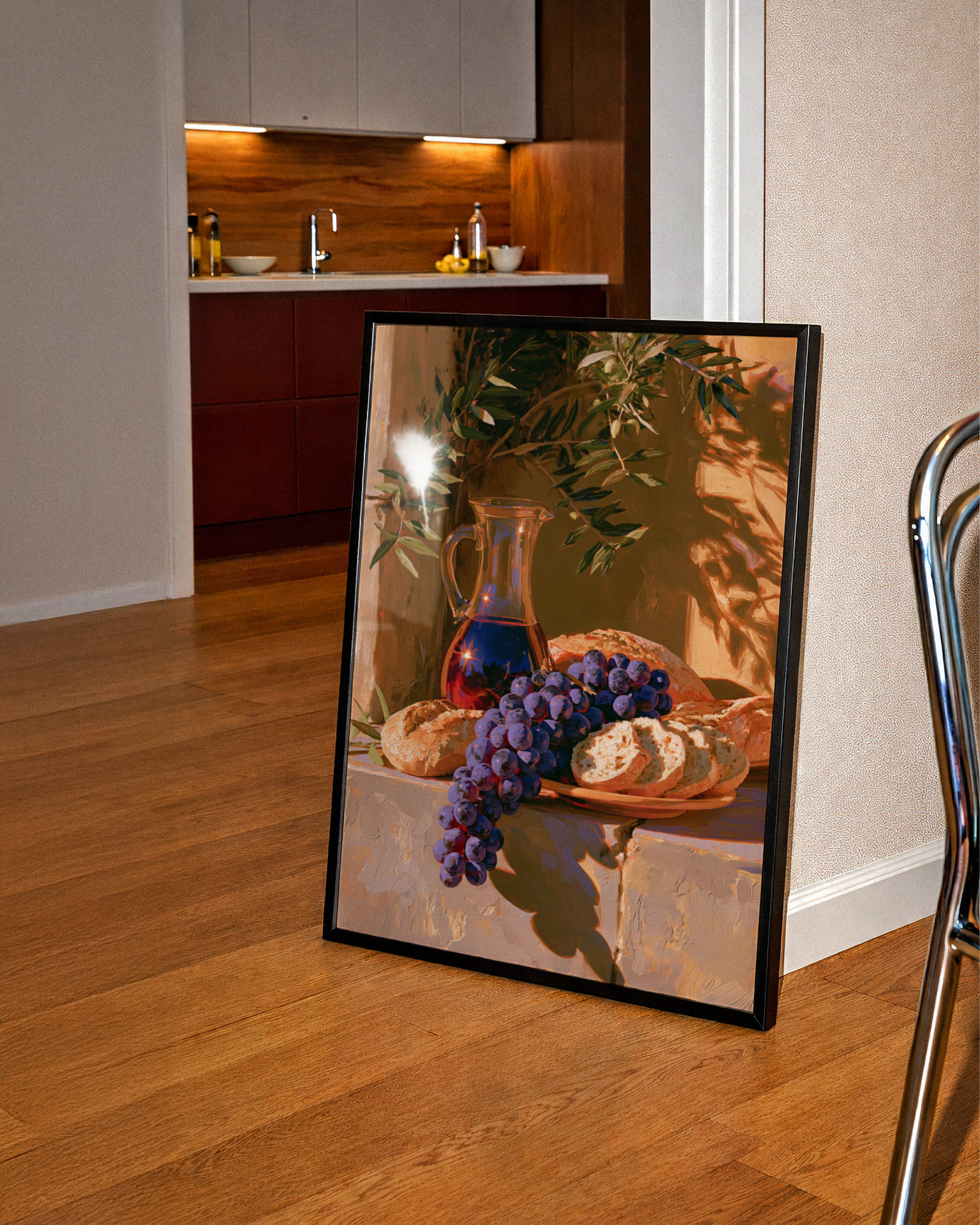 Grapes Wine Bread Still Life Poster, Mediterranean Sunlight, Oil Painting Style