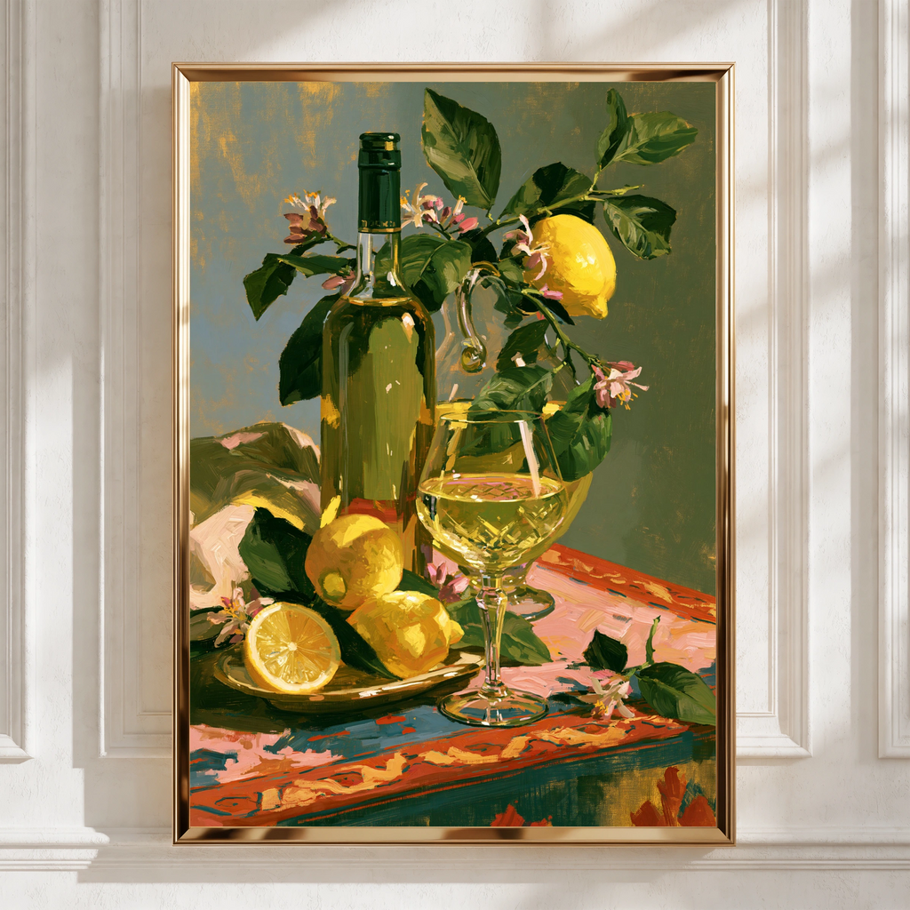 Limoncello Still Life Poster, Lemon Wine Art Print, Italian Kitchen Wall Art