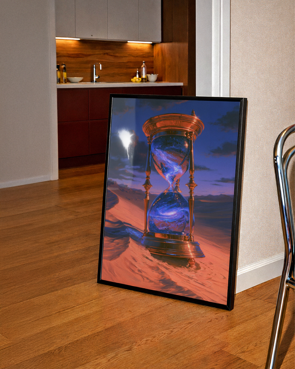 Hourglass Desert Galaxy Poster, Surreal Time Art, Cosmic Fantasy Print